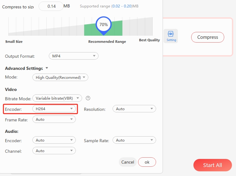 Selecting a video codec in compression settings
