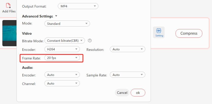 Changing video frame rate in advanced settings