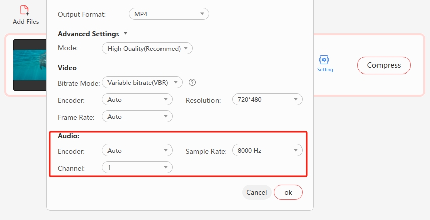 Adjusting audio settings for video compression