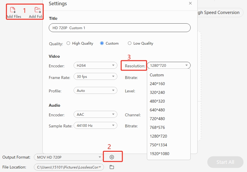 Entering a custom video resolution