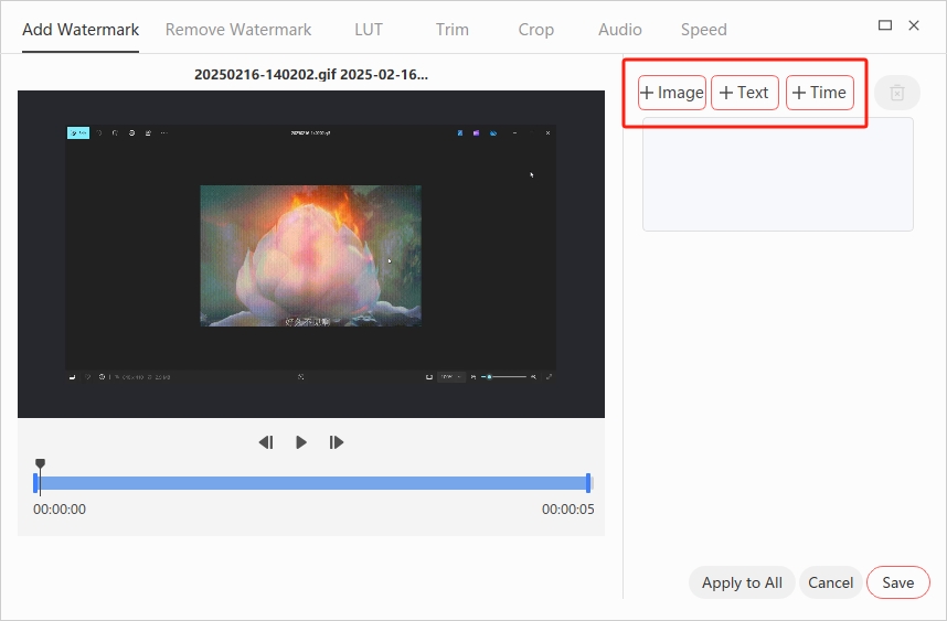 Image, text, and time watermark options