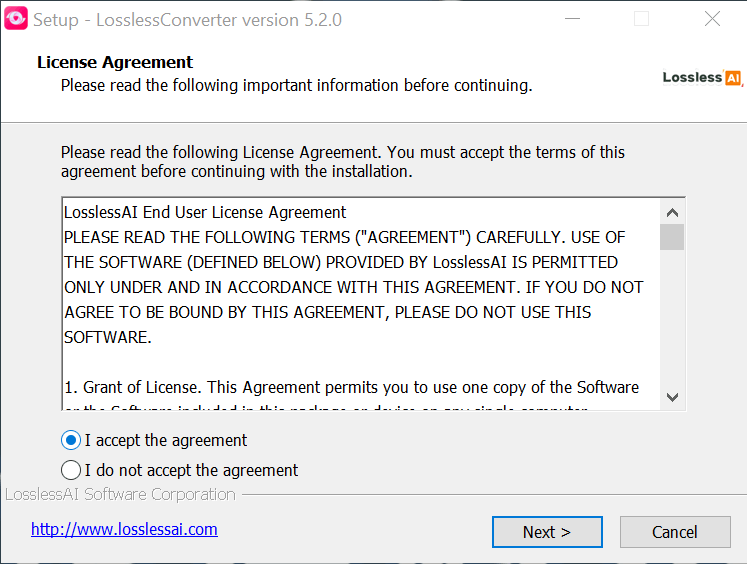 LosslessConverter installation agreement screen
