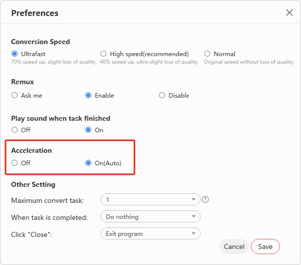 Enabling hardware acceleration in LosslessConverter preferences