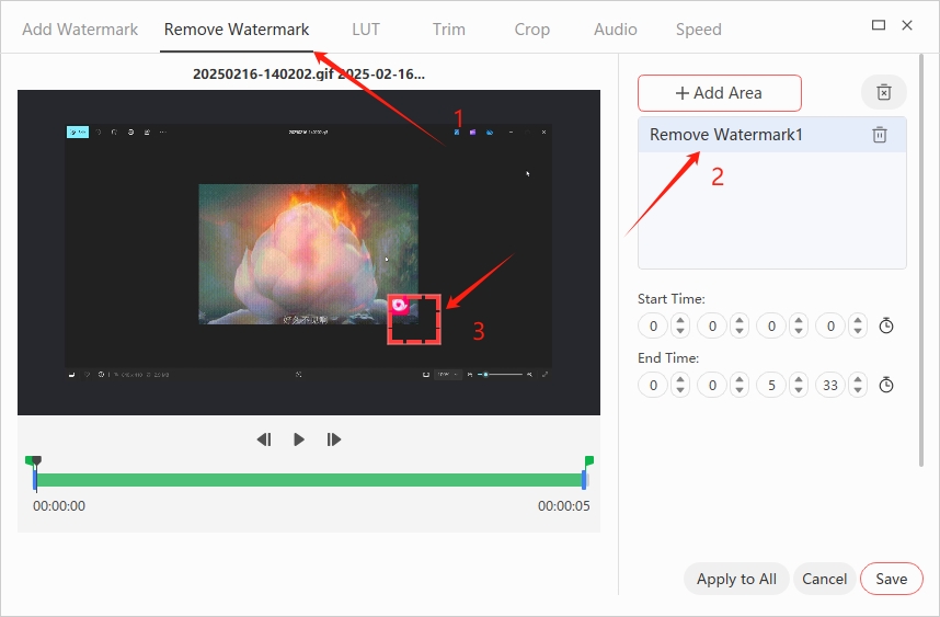 Selecting an area to remove a video watermark
