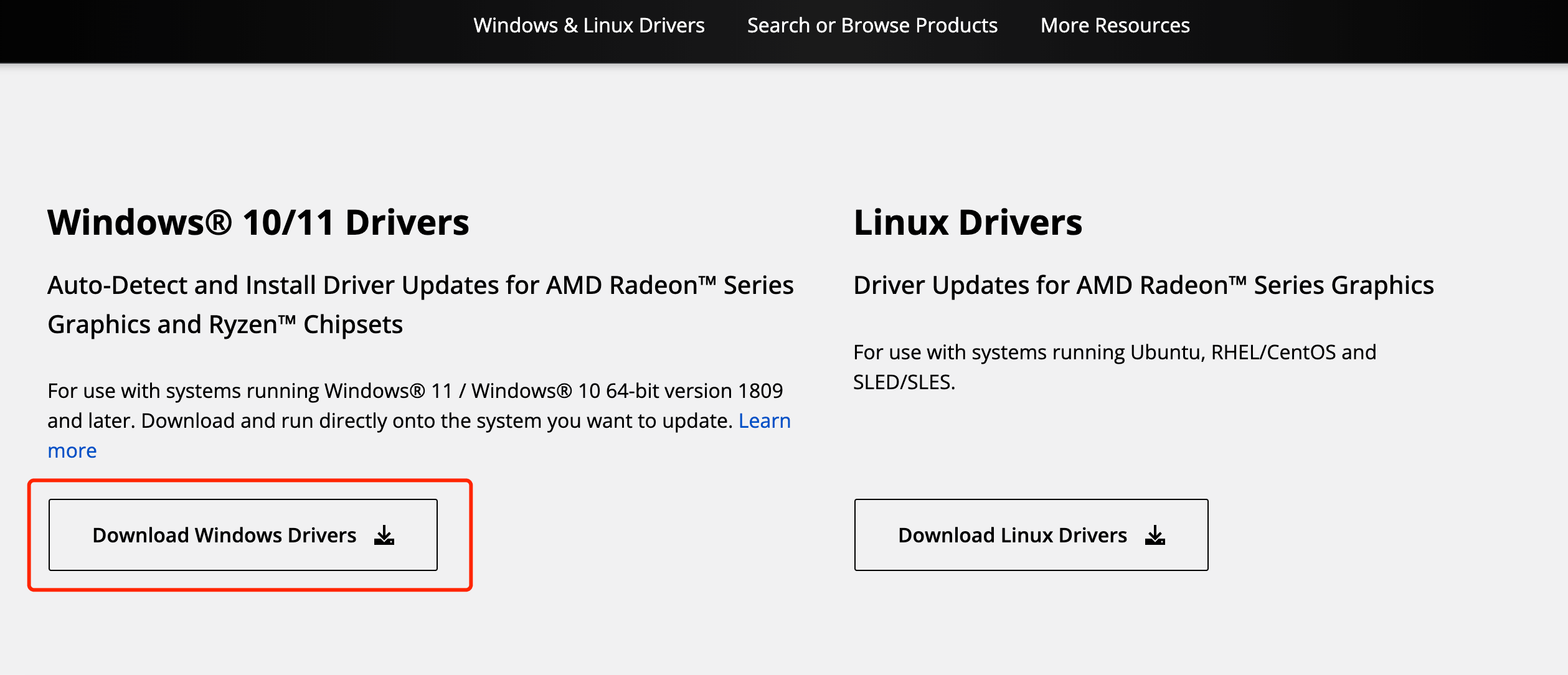 AMD driver support page