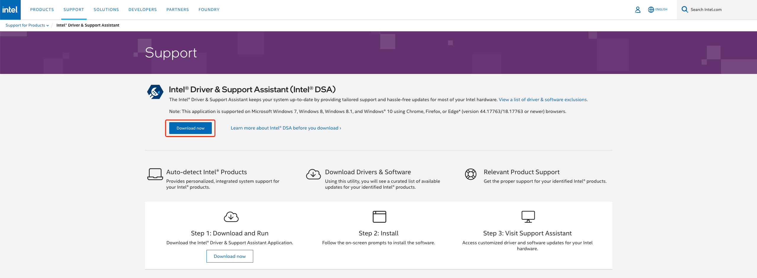 Intel Driver and Support Assistant download page