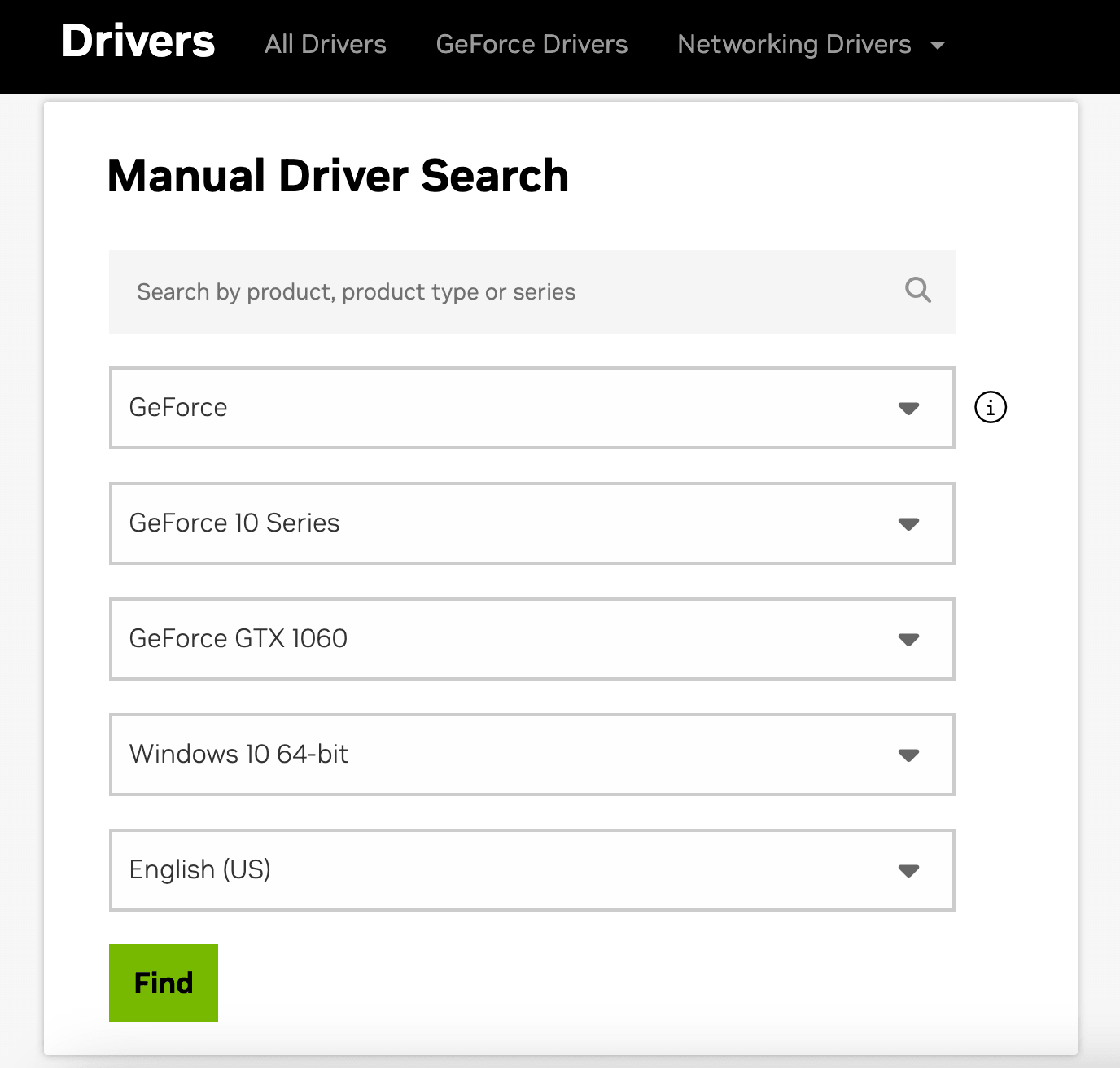 NVIDIA driver search page