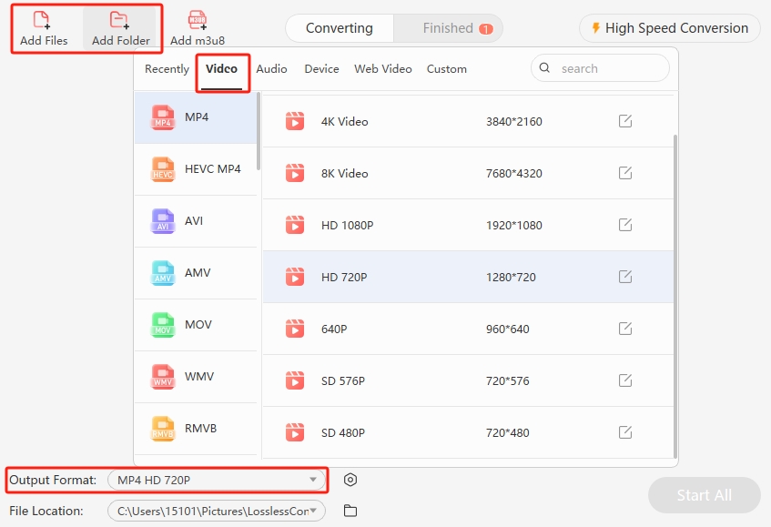 Choosing a preset video resolution