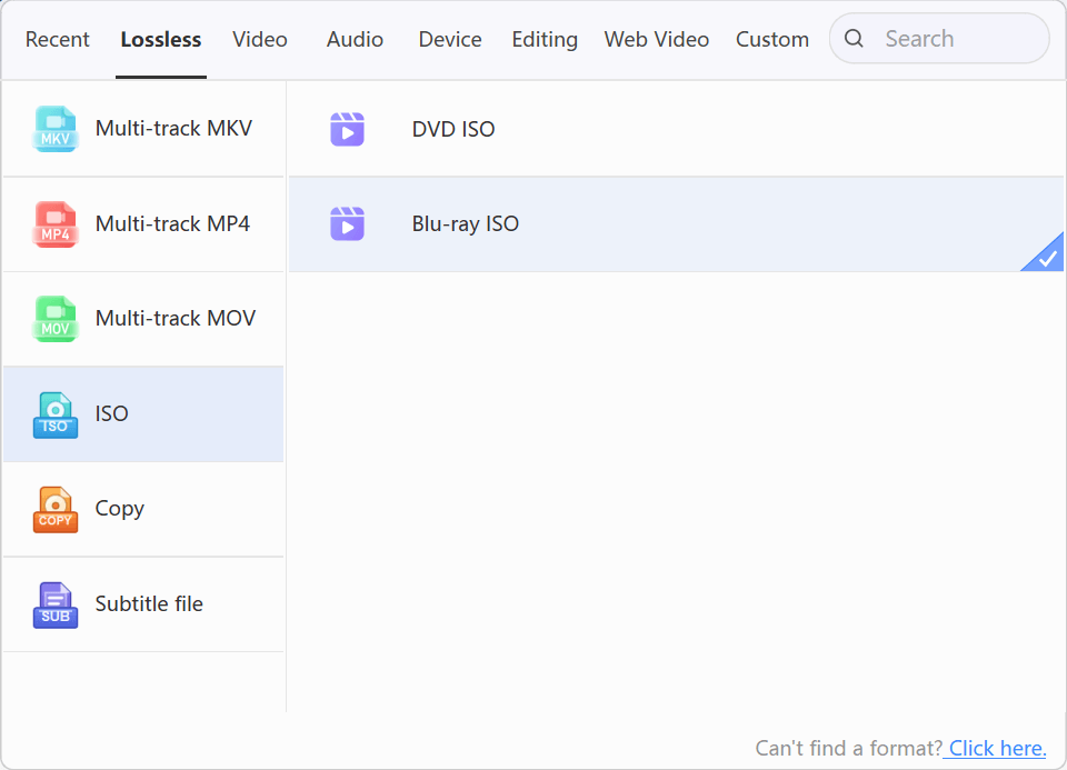 LosslessConverter Output Format menu with Lossless and Blu-ray ISO selected