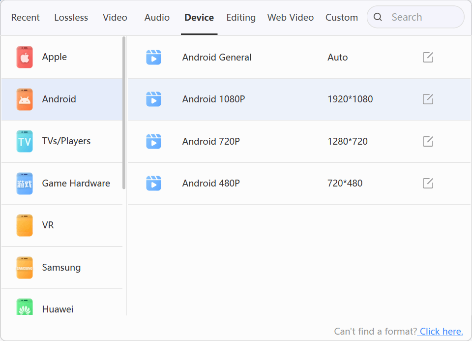 LosslessConverter Output Format menu with Android 1080P selected