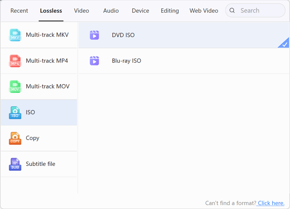 LosslessConverter Output Format menu with Lossless and DVD ISO selected