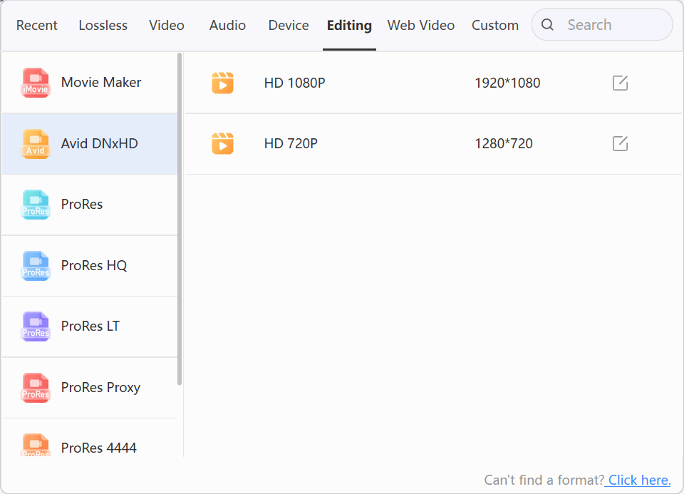 LosslessConverter Output Format menu with Editing and Avid DNxHD selected