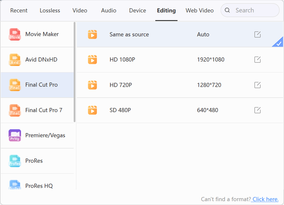 LosslessConverter Output Format menu with Editing and Final Cut Pro selected
