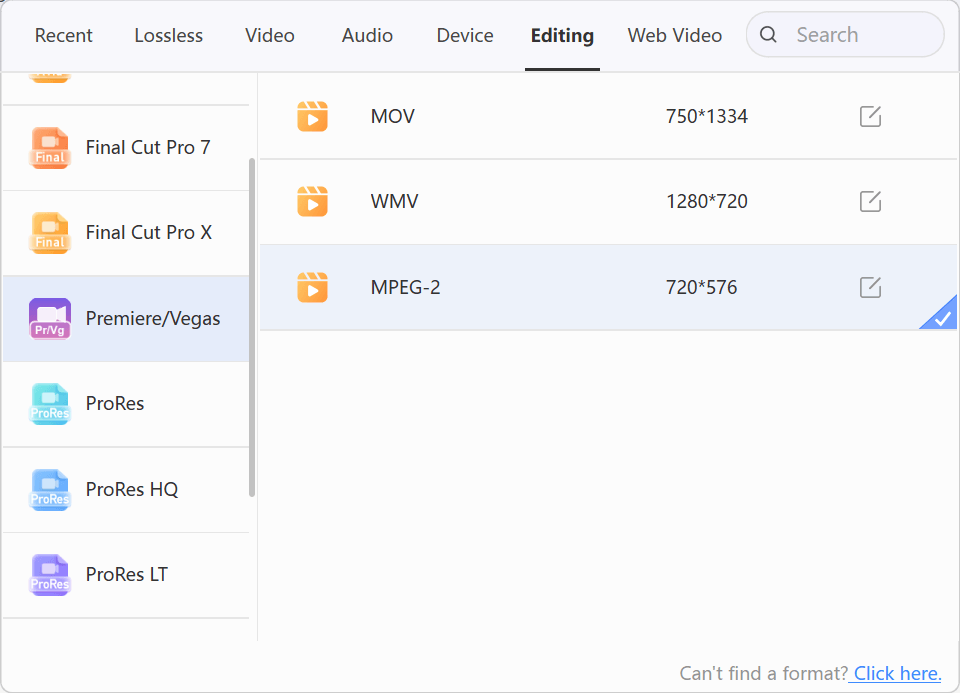 LosslessConverter Output Format menu with Premiere VEGAS and MPEG-2 selected