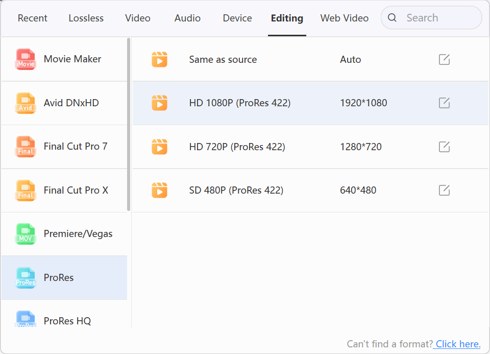LosslessConverter Output Format menu with Editing and ProRes selected