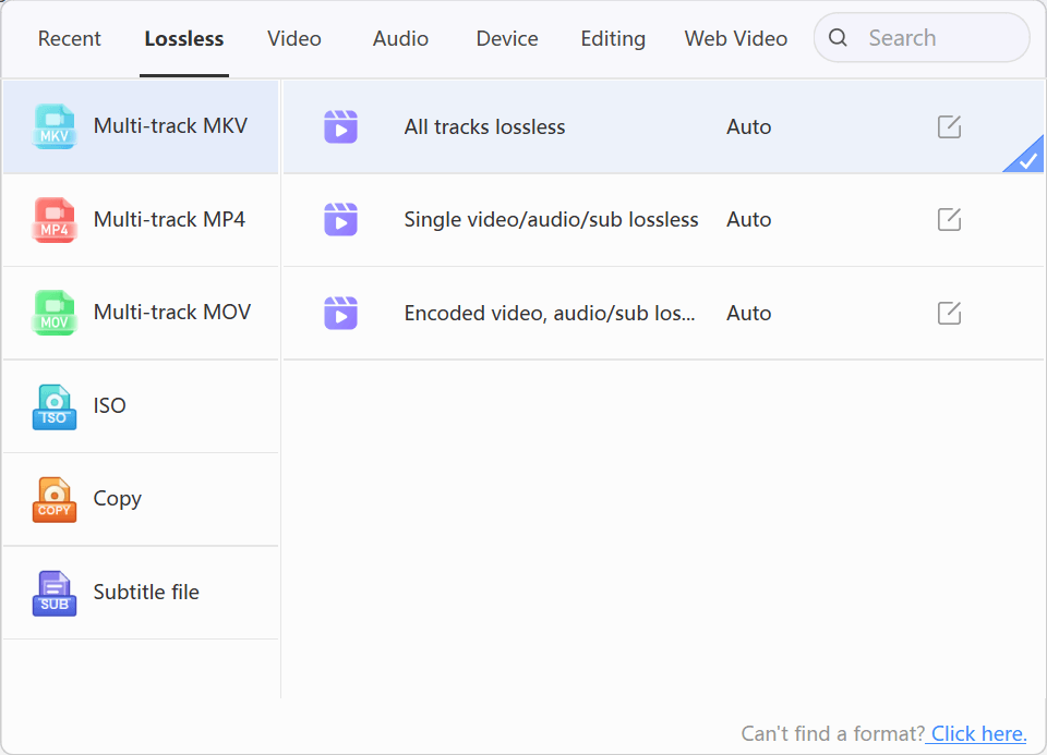 LosslessConverter Output Format menu with Lossless and Multi-track MKV selected