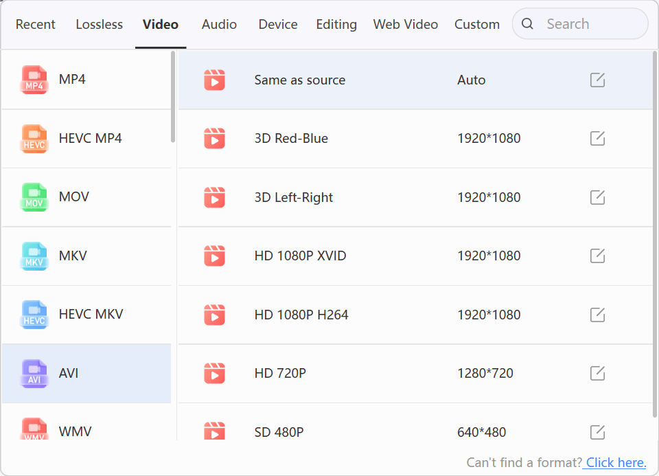 LosslessConverter AVI output formats