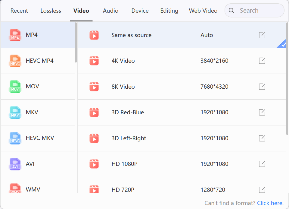 LosslessConverter Output Format menu with Video and MP4 selected