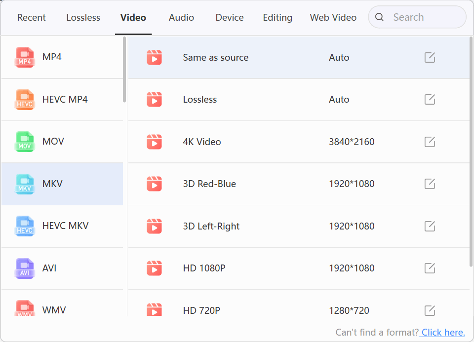 LosslessConverter Output Format menu with Video and MKV selected