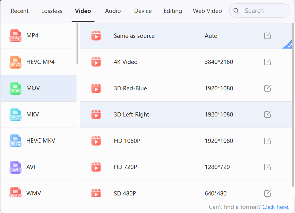 LosslessConverter Output Format menu with Video and MOV selected