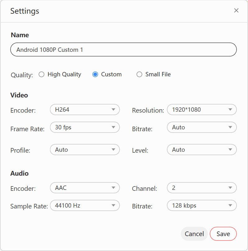 LosslessConverter Android profile settings showing video resolution and bitrate controls