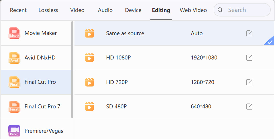 LosslessConverter Editing profiles with Final Cut Pro selected